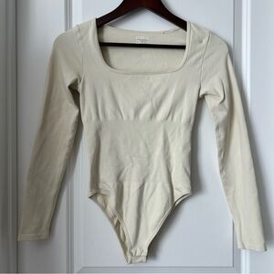 OQQ Bodysuit Size Medium Longsleeve Off White Cream Super Stretchy